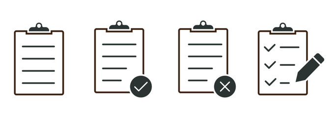 Clipboard thin line icon set vector. Checklist on the clipboard line icon with checkmarks, checklist, document, pencil. Clipboard outline icons. Checklist symbol. Editable stroke. 