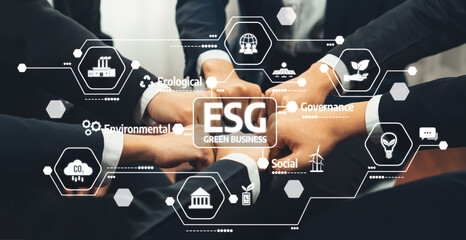 A dynamic scene where professionals unite their hands, symbolizing collaboration on green business initiatives while integrating ESG principles for sustainable growth and development. Amity