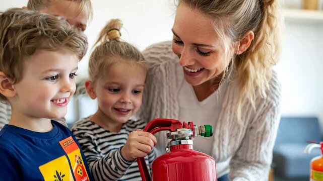 Children learning fire safety at home with engaged parent guidance and interactive fire extinguisher demonstration