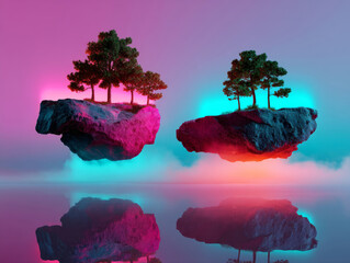 Floating forest islands in neon glow over still water in magical surreal landscape