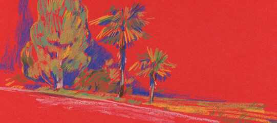 Colourful hand painted landscape. Colored pencils on paper. Versatile artistic image for creative design projects: posters, banners, websites, cards, prints and wallpapers. Artist-made art.