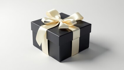 Obraz premium Elegant black gift box with ivory ribbon, pristine white background, marketing, occasion