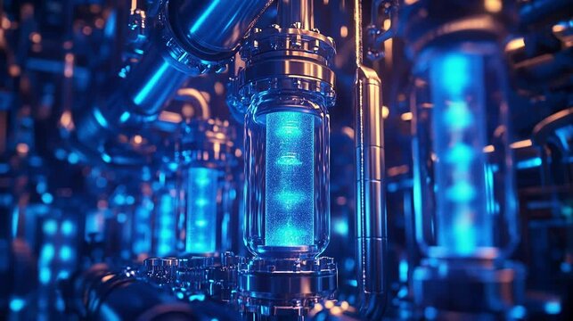 High-tech liquid-metal methane pyrolysis system with glowing blue hydrogen pipes and suspended carbon particles, showcasing futuristic energy conversion in a dense industrial network of reactors.