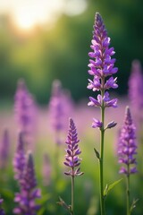 Obraz premium Gentle purple wildflowers sway in morning breeze, outdoor scenes, delicate blooms, purple flowers