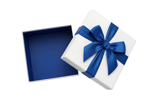 Open white gift box with a blue ribbon bow. Empty present box for surprise. Isolated on transparent background, png