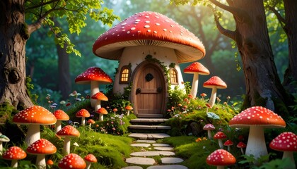 Fairytale mushroom house surrounded by toadstools in an enchanted forest