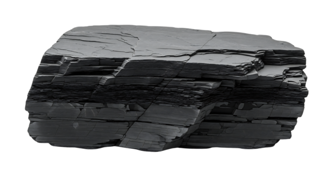 Piece of black layered slate rock for product display or geology study. Isolated on transparent background, png
