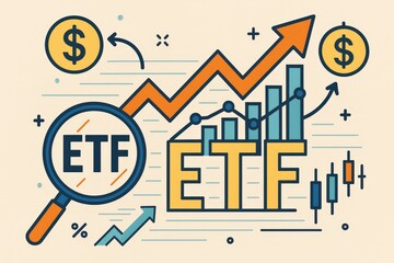Colorful vector illustration depicting ETF with magnifying glass, upward trending graph, dollar signs, and stock market chart elements symbolizing financial growth.