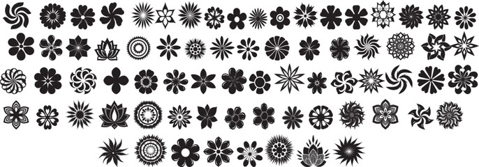 Collection of Black Geometric Flower Shapes, Abstract Mandala and Starburst Icons, Spirograph Pattern Set