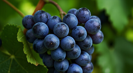 Ripe Blue Grapes on the Vine: Close-Up of Vineyard Harvest