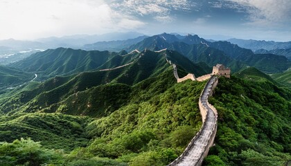 panoramic view of the great wall of china winding through lush green mountains historic stone structure stretching endlessly into the distance