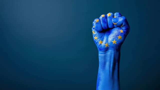 Blue painted clenched fist with yellow stars. Unity and empowerment concept.
