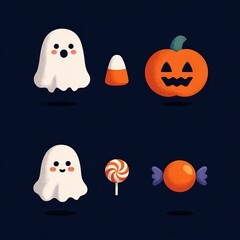 Obraz premium Smiling ghosts, pumpkin and candies on dark Halloween background. Minimal Halloween set with cute ghosts, jack-o’-lantern and candies on dark background