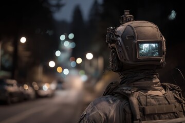 Fototapeta premium Back view of a soldier wearing tactical gear and helmet cam, observing a dimly lit suburban street during a night mission.