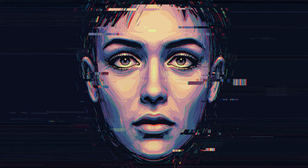 Vibrant glitch portrait of a woman's face in futuristic style