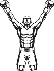 Front view of a muscular boxer with both gloves raised high in victory. A bold black-and-white line drawing symbolizing strength and triumph.