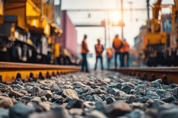 Fototapeta premium Group of workers in safety vests stand on railway tracks surrounded by machinery, performing maintenance under bright evening sunlight.