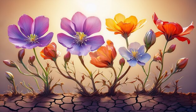 succession of blooming flowers on cracked soil from bud to wilted petals botanical symbolism of life generative ai