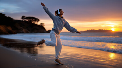Dancing by the Beach at Sunset with Headphones
