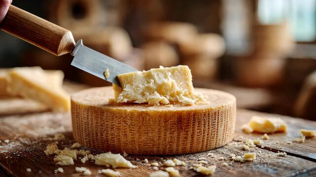 Skillful cheese cutting on wooden table capturing fine crumbles and artisan texture