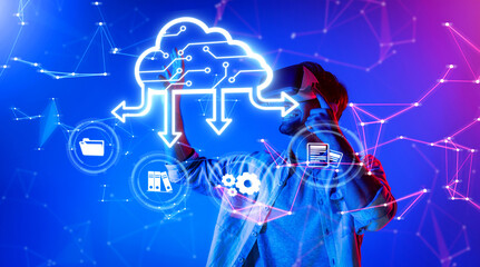 A modern representation of cloud computing technology, featuring a user in virtual reality...