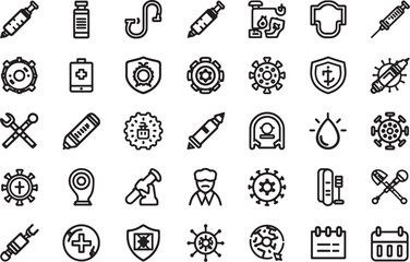 Medical, Healthcare, and Virus Protection Line Icons Set - Vaccination, Health Security, and Science Symbols