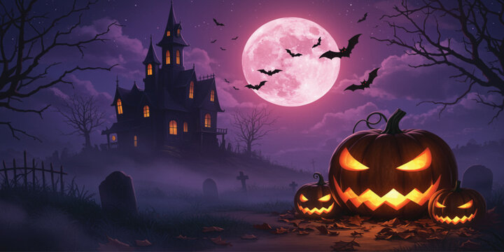 A captivating Halloween scene featuring a dark, gothic mansion silhouetted against a vibrant purple and pink night sky, complete with a large, glowing moon.