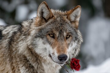 Obraz premium A grey wolf holds a red rose in its mouth against a snowdusted forest backdrop