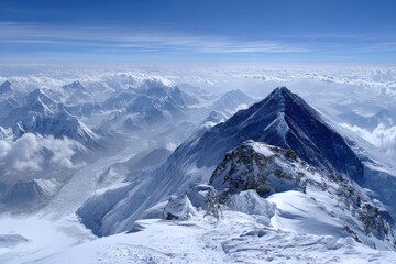 Breathtaking aerial view of a sharp, snowy mountain summit rising above a sea of clouds, capturing the majesty of high-altitude terrain.