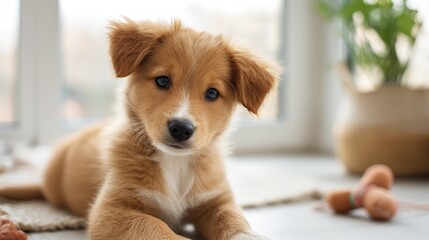 Adorable puppy lying on the floor with toys and plants in background  