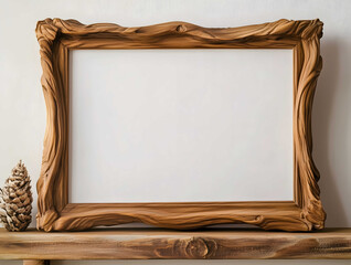 a large empty decorative horizontal picture frame medium brown wood with a white matte sitting on a brown wooden shelf soft indoor lighting