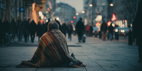 Obraz premium Homeless Man Sitting Alone on Cold Winter Street Wraps in Threadbare Blankets