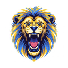 Obraz premium Flat Vector Illustration of Roaring Lion Head with Torn Brush Edges and Bold Neon Highlights on White Background