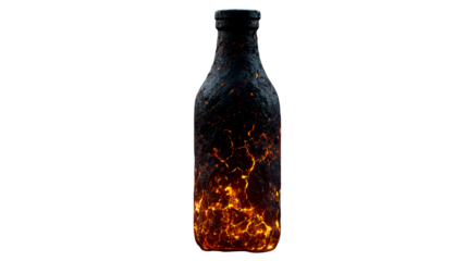 Textured obsidian black bottle with glowing magma cracks, floating volcanic pumice particles, smoldering mountain backdrop, ultra-realistic 8K detail --ar 16:9 --no people -