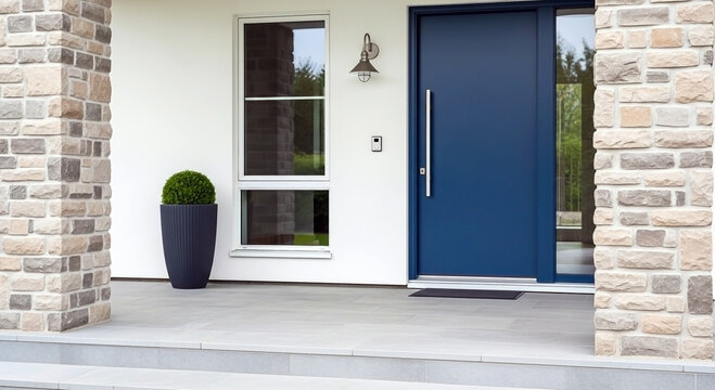 Freshly painted outdoor exterior front entrance of a beautiful modern home with stone pillars and white and blue color scheme
