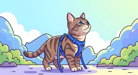 Adorable pet cat portrait with blue harness against a scenic landscape. Pet cat with striped fur and bright eyes, enjoying time outdoors, shows carefree joy.