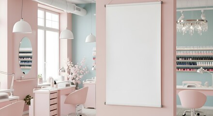 Blank poster mockup in a pink beauty salon interior provides space for advertisement. Mockup poster showcases professional decor, including manicure table and nail polish display,