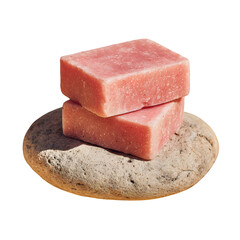 Two Light Pink Handmade Soap Bars Resting on a Round Stone, Bright Background --v 7.0 --s 250