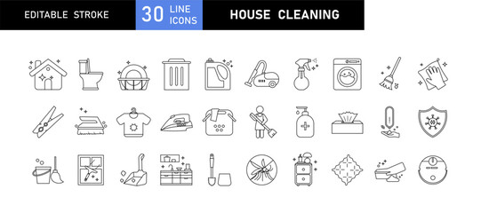 House Cleaning Line Icon Set. Cleaning tools, equipment, hygiene symbols. Editable stroke vector illustration
