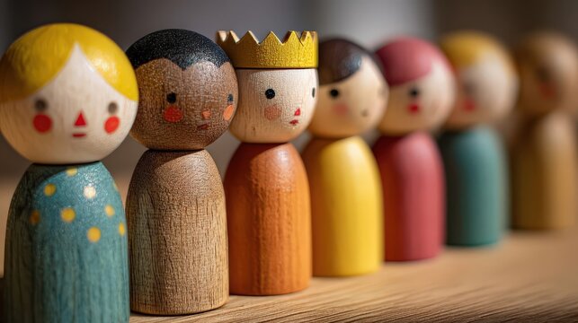 Colorful wooden dolls of various styles stand in a line on a table, showcasing natural textures and painted faces, illuminated by soft natural light in a studio setting.