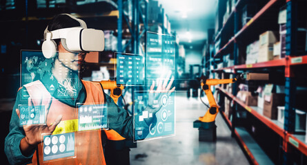 Future virtual reality technology for innovative VR warehouse management . Concept of smart technology for industrial revolution and automated logistic control .