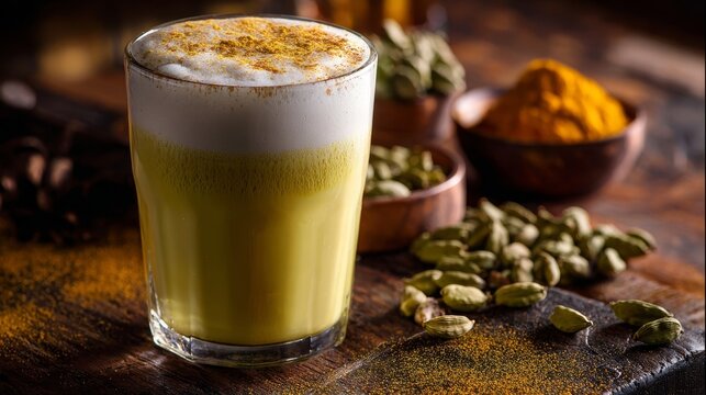 Chai tea latte with frothy milk, cardamom pods and golden turmeric powder dusted on top