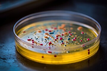 Petri dish containing a yellow liquid culture with red black blue and tan specks