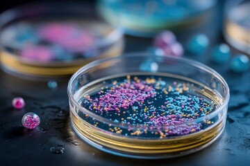 Petri dishes with colored beads set on a dark surface