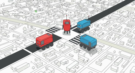 Autonomous delivery robots navigating city streets in isometric urban landscape