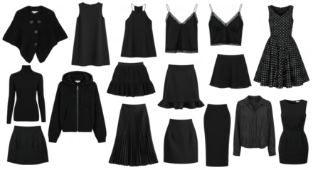 A collection of black womens clothing is isolated on transparent background