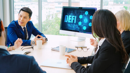 Decentralized finance or DeFi concept on modish computer screen . The defi system give new choice of investment and money saving .