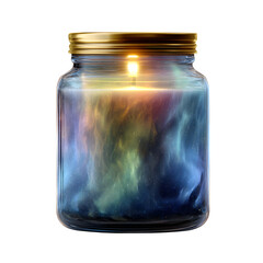 Mystical Galaxy Candle Jar with Glowing Flame and Cosmic Swirls Isolated on Transparent Background


