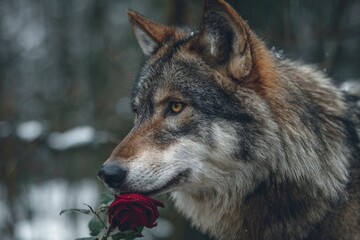 Obraz premium Wolf sniffs a red rose against a blurry gray background