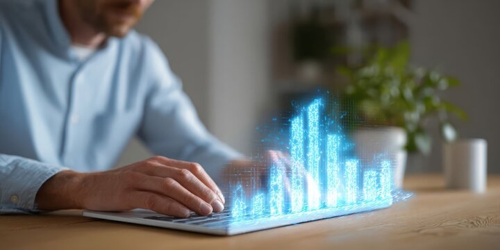 Man Analyzes Hologram Energy Efficiency Chart for Sustainable Home Renovation